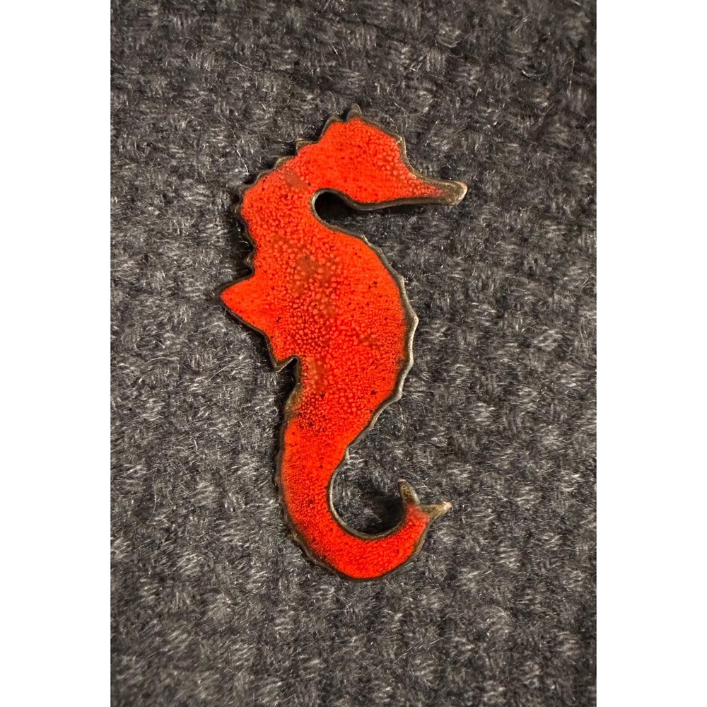 Vintage‎ Copper & Red Enamel Seahorse Pin MCM 3" signed Elfbaum